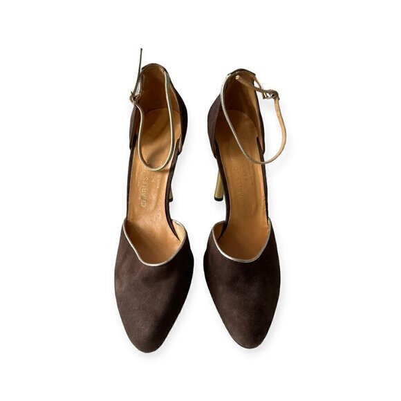 Charles Jourdan Brown Suede Ankle Strap Pumps With Gold Metal Heel, Size 8 1/2 - Picture 4 of 15